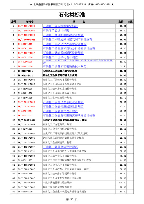2012年最新石化行业(SH)标准规范清单