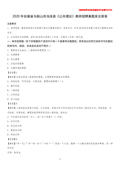 2020年安徽省马鞍山市当涂县《公共理论》教师招聘真题库及答案