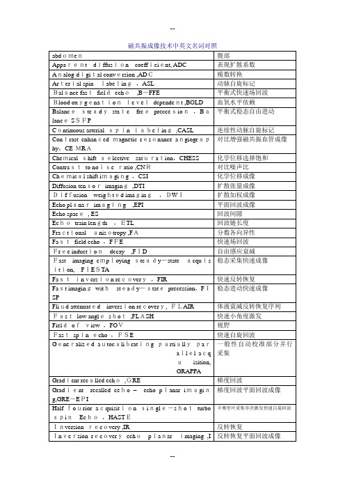 磁共振成像技术中英文名词对照