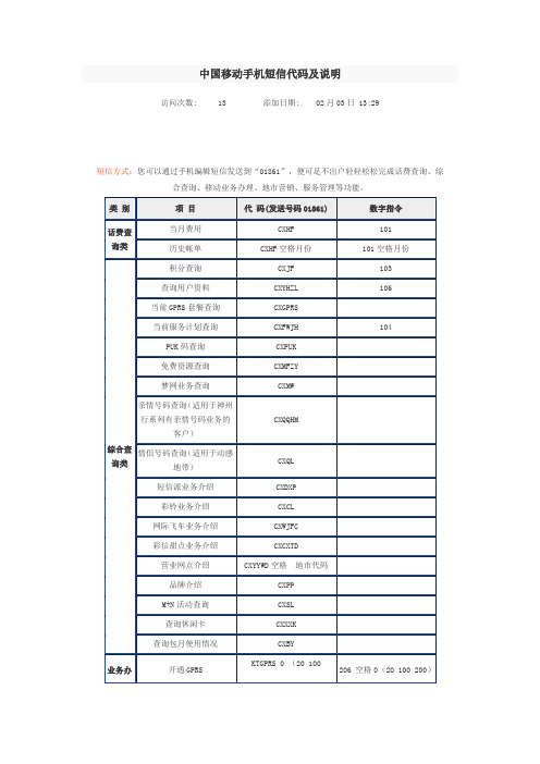 中国移动手机短信代码及说明