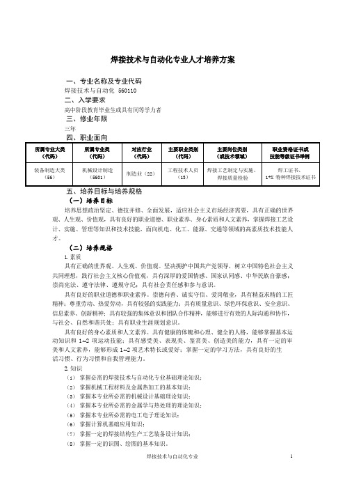 焊接技术与自动化专业人才培养方案(高职)