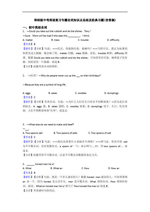 译林版中考英语复习专题名词知识点总结及经典习题(含答案)