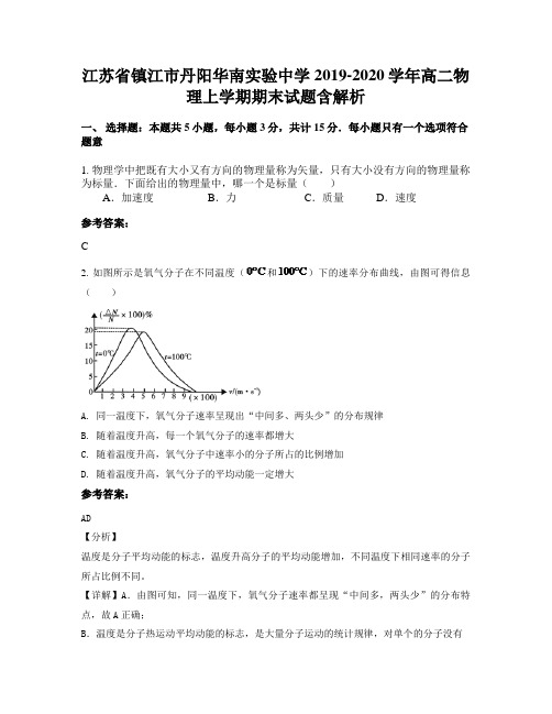 江苏省镇江市丹阳华南实验中学2019-2020学年高二物理上学期期末试题含解析
