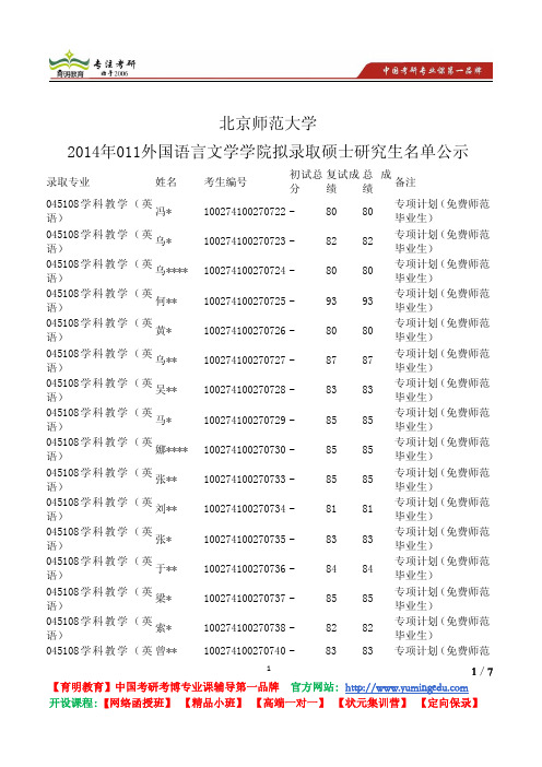 北京师范大学 2014年011外国语言文学学院 拟录取硕士 研究生名单公示