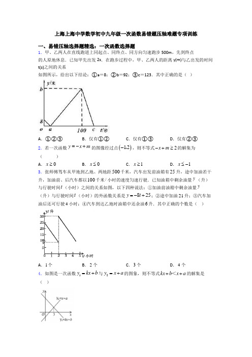 上海上海中学数学初中九年级一次函数易错题压轴难题专项训练