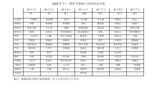 2018年十一国庆节新院门诊医师出诊表