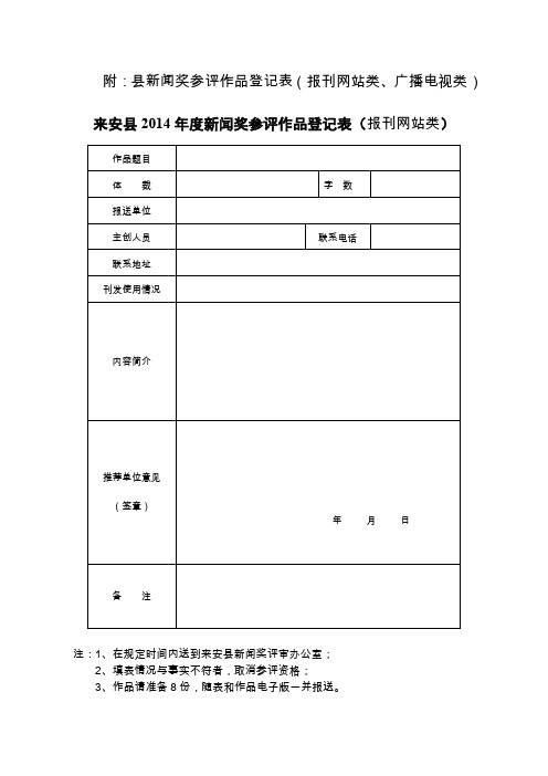 附县新闻奖参评作品登记表(报刊网站类、广播电视类)