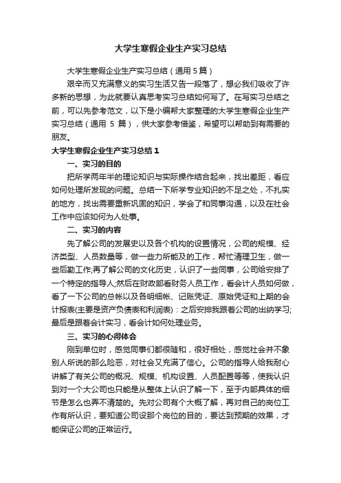 大学生寒假企业生产实习总结（通用5篇）