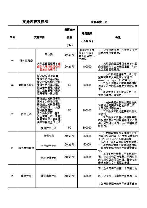 支持内容及标准金额单位元