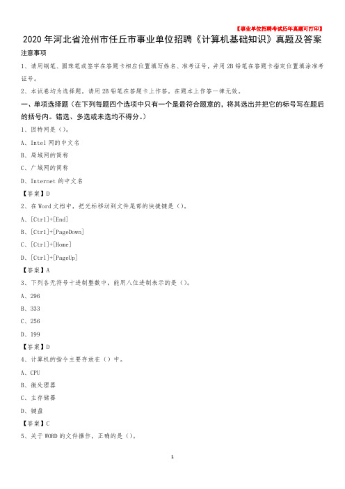 2020年河北省沧州市任丘市事业单位招聘《计算机基础知识》真题及答案