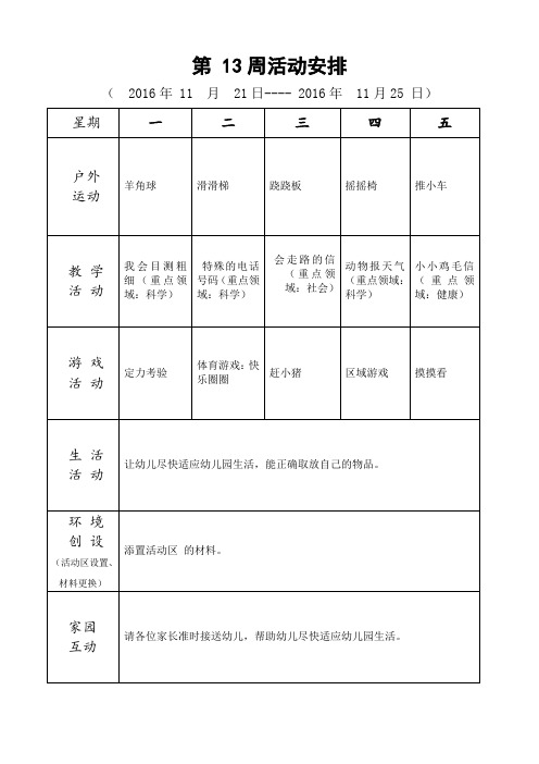 幼儿园.11月中班第13周备课教案