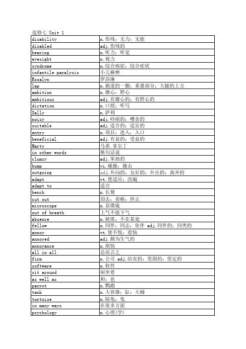 人教版高中英语单词表选修七unit 1