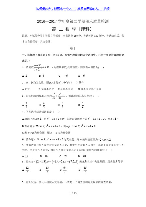 秦皇岛市卢龙县2016-2017学年高二下期末数学试题(理)含答案