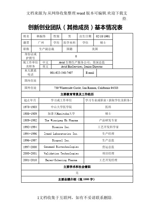 创新创业团队其他成员基本情况表