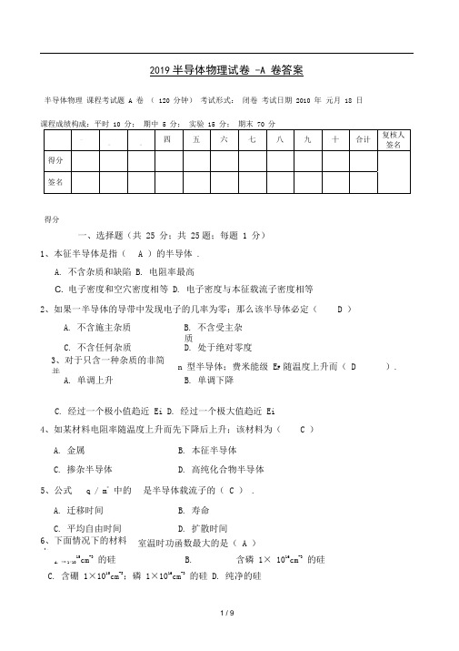 2019半导体物理试卷-A卷答案