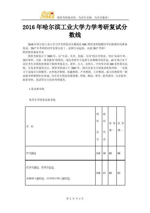 2016年哈尔滨工业大学力学考研复试分数线