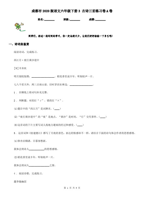 成都市2020版语文六年级下册3 古诗三首练习卷A卷
