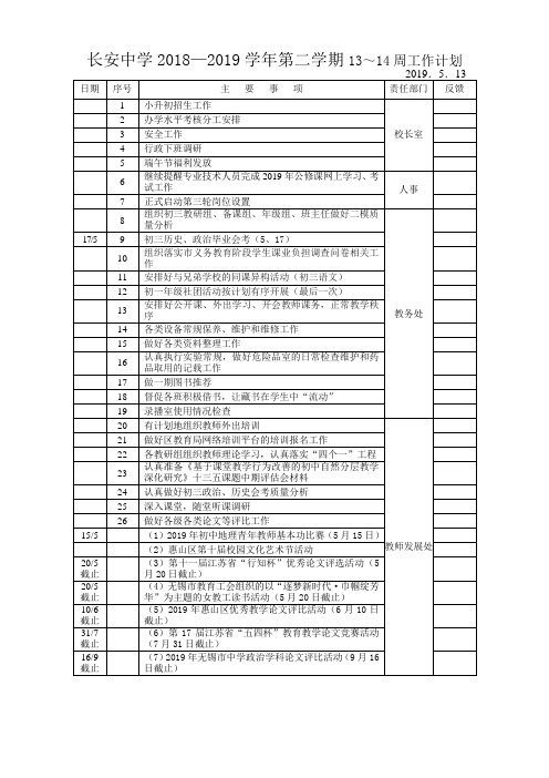长安中学2018—2019学年第二学期13~14周工作计划