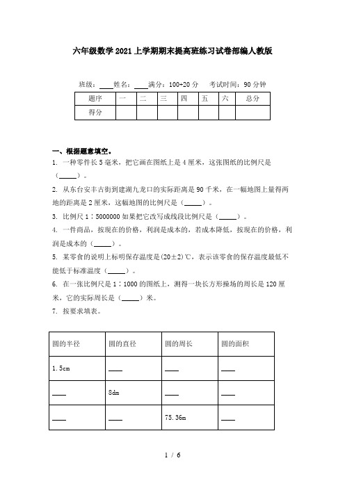 六年级数学2021上学期期末提高班练习试卷部编人教版