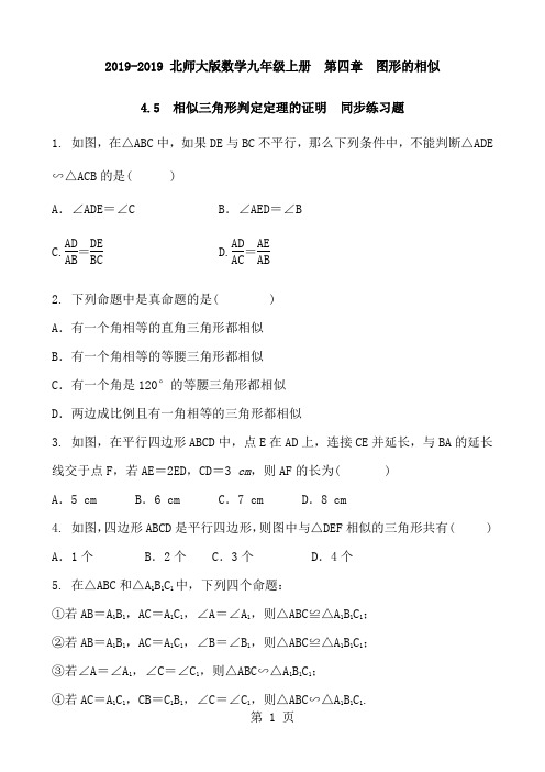北师大版数学九年级上册  第四章 图形的相似 4.5 相似三角形判定定理的证明  同步练习题及答案