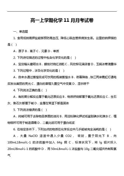 高一上学期化学11月月考试卷真题