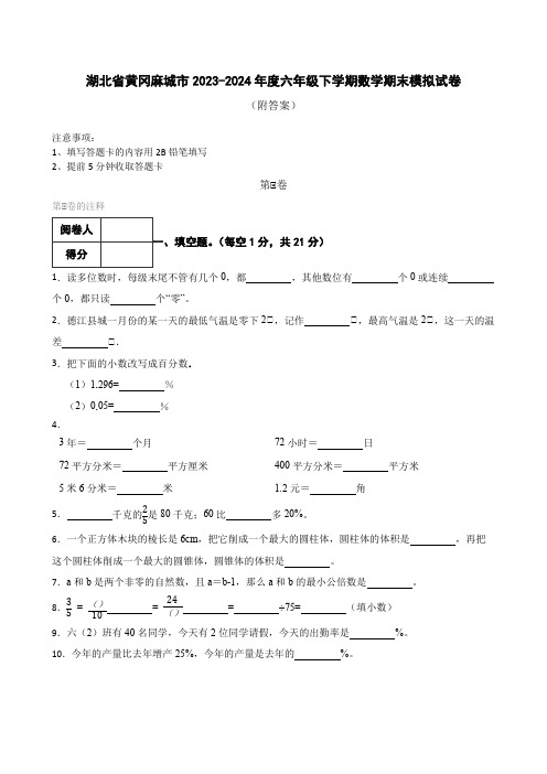 湖北省黄冈麻城市2023-2024年度六年级下学期数学期末模拟试卷(含解析)