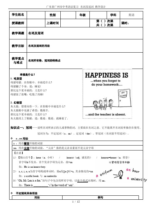 广东省广州市中考语法复习--名词及冠词 教学设计