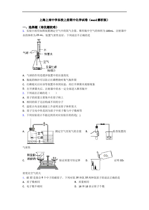 上海上南中学东校上册期中初三化学试卷(word解析版)