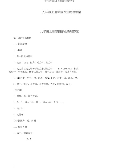 初中九年级上册的寒假作业物理答案