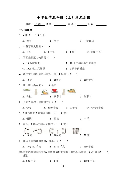小学数学三年级三册周末乐园-6周