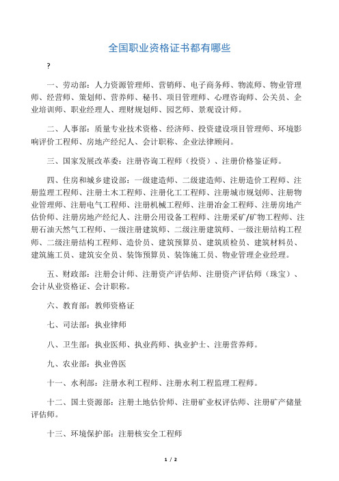 全国职业资格证书都有哪些