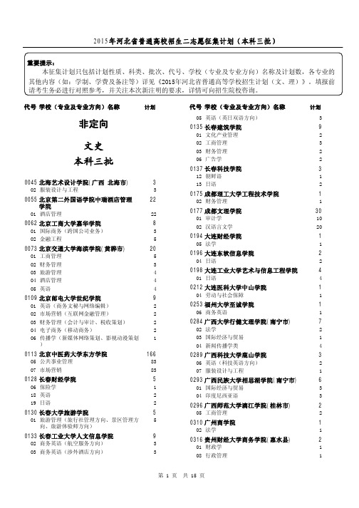 2015年河北省普通高校招生二志愿征集计划(本科三批)