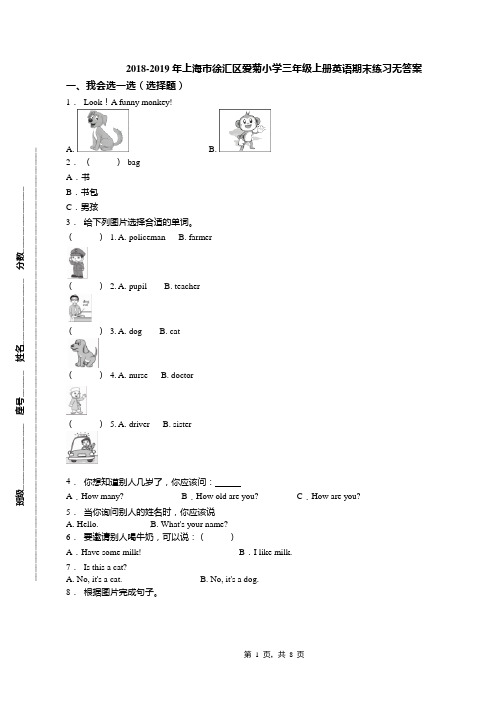 2018-2019年上海市徐汇区爱菊小学三年级上册英语期末练习无答案