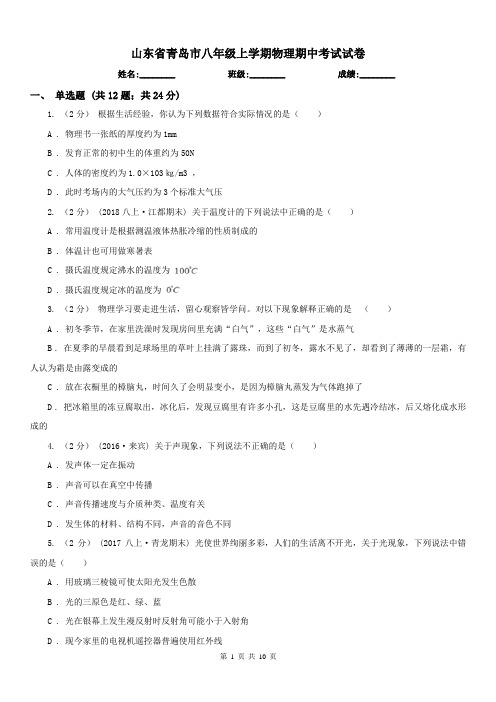 山东省青岛市八年级上学期物理期中考试试卷