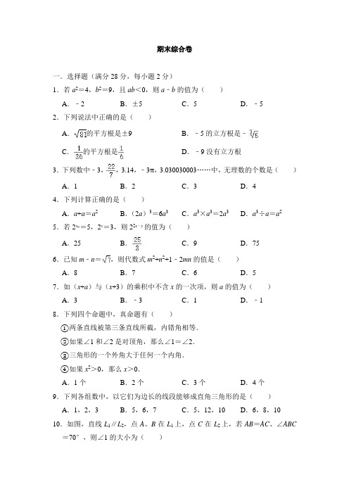 2020-2021学年华东师大版八年级数学上册期末综合测试卷(含答案)