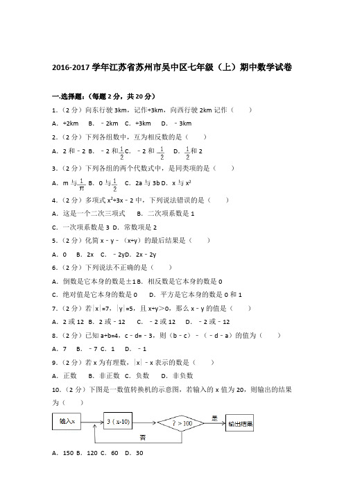 2017年江苏省苏州市吴中区七年级上学期数学期中试卷带解析答案