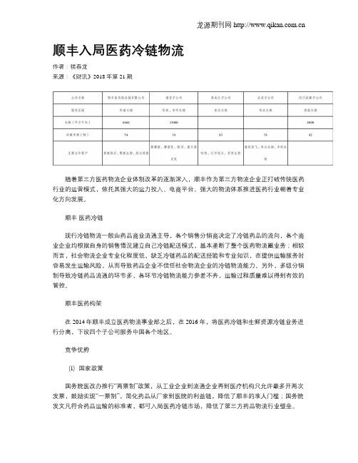 顺丰入局医药冷链物流