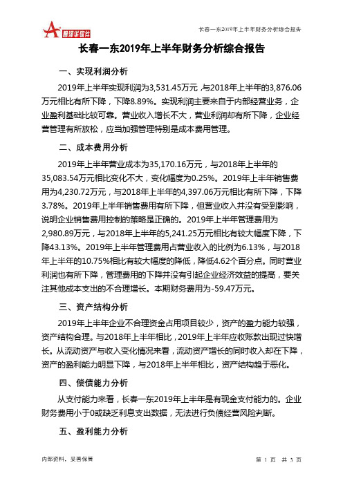 长春一东2019年上半年财务分析结论报告
