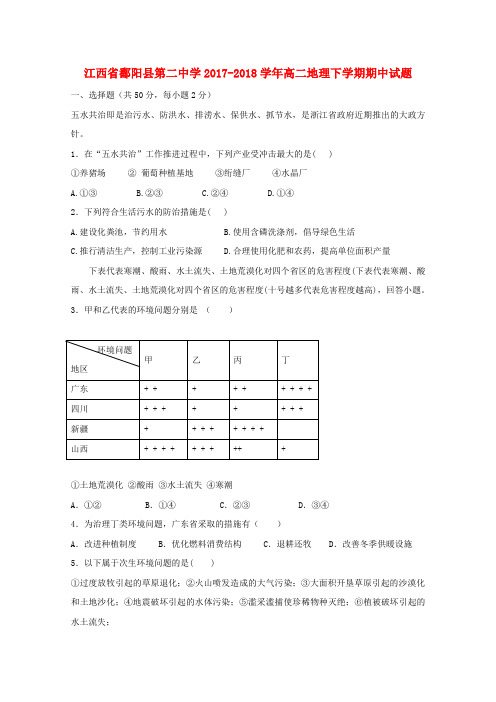 2017_2018学年高二地理下学期期中试题