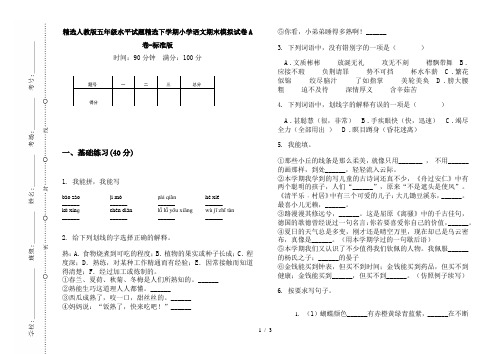 精选人教版五年级水平试题精选下学期小学语文期末模拟试卷A卷-标准版