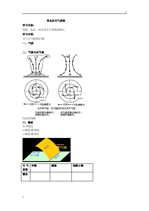 北京市第四中学高考地理人教版总复习专题学案 常见的天气系统