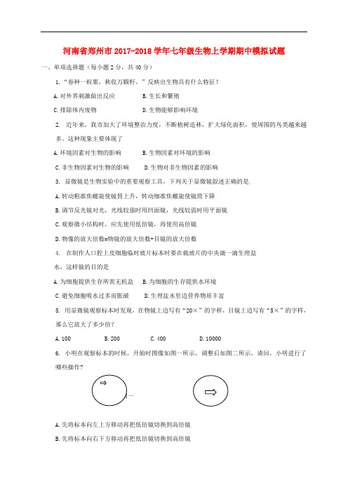 河南省郑州市七年级生物上学期期中模拟试题 新人教版