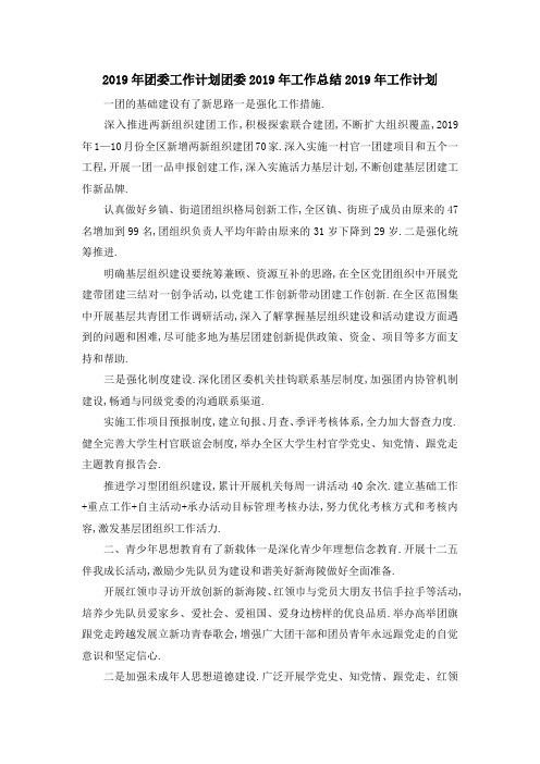 2019年团委工作计划 团委2019年工作总结2019年工作计划 精品