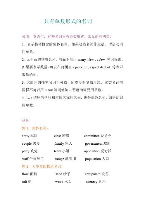 只有单数形式的名词