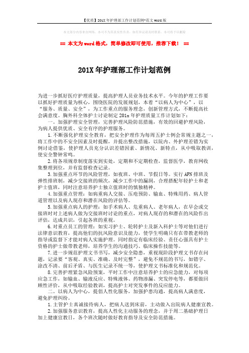【优质】201X年护理部工作计划范例-范文word版 (2页)