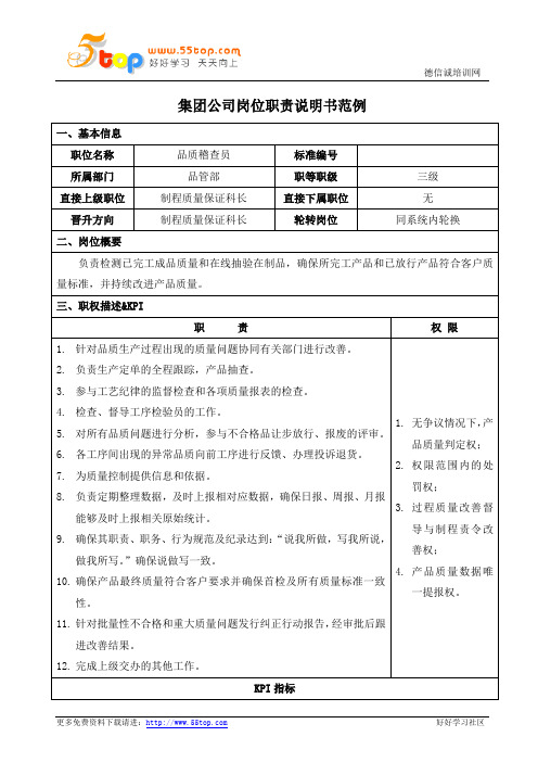品质稽查员岗位职责说明书