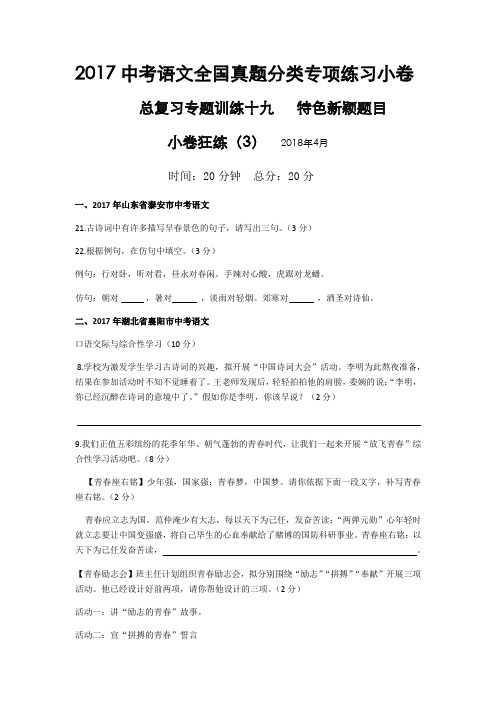 2017中考语文全国真题分类专项练习小卷  初三语文冲刺 专题训练十九 特色新颖题  小卷狂练3