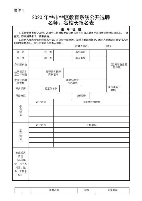 2020年青岛市城阳区教育系统公开选聘名师、名校长报名表【模板】