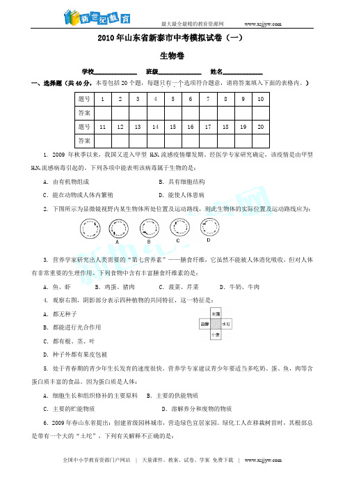 2010年山东省泰安市新泰中考模拟试卷(一)——生物