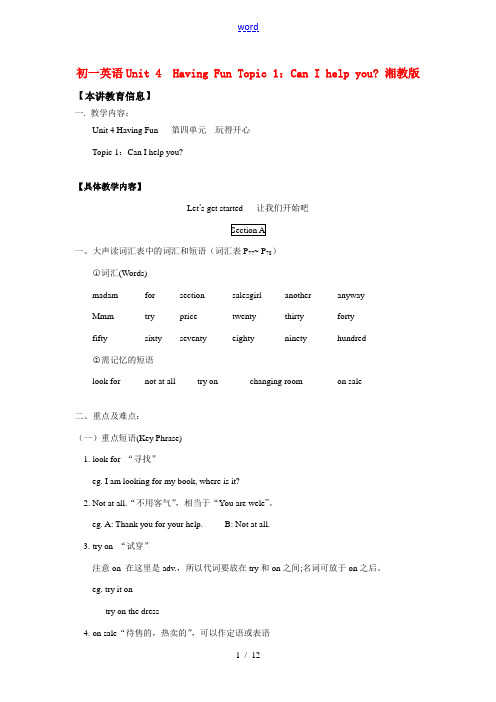 七年级英语Unit 4  Having Fun Topic 1：Can I help you 湘教版